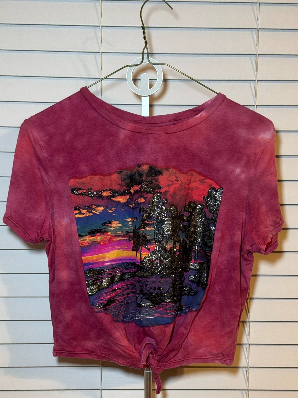 Guess Pink Tie-Front Sunset Graphic Crop Top Size XS